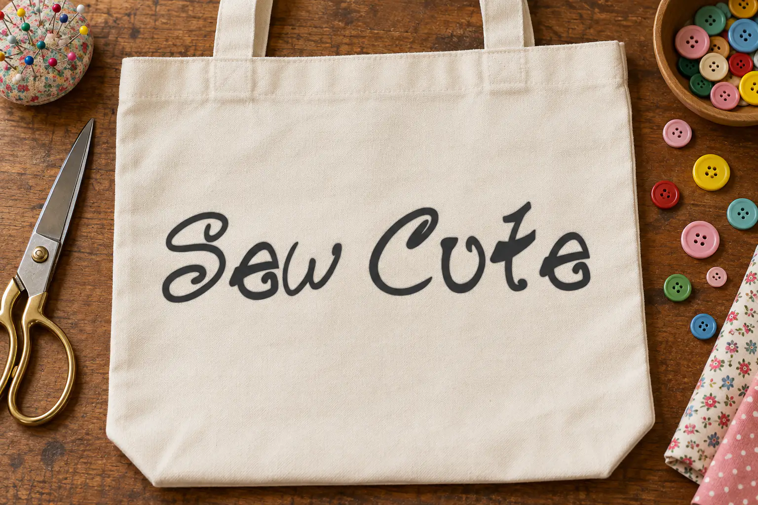 Buttons & Patches font on a canvas tote bag reading Sew Cute