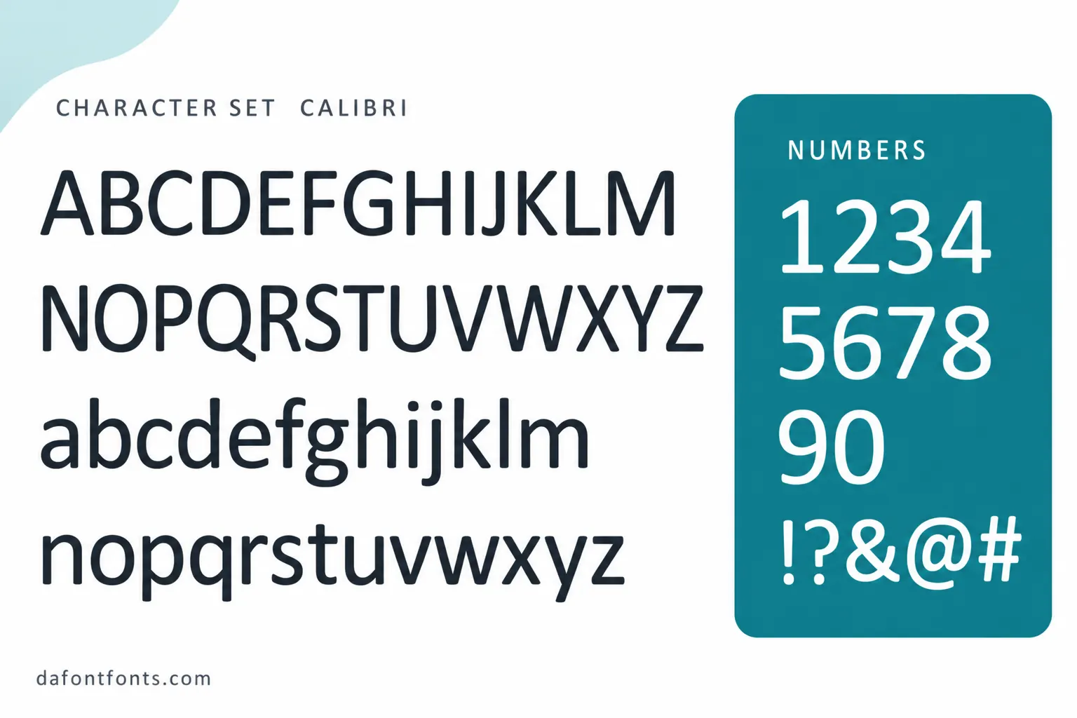 Calibri style character set: uppercase and lowercase alphabet, numbers and symbols