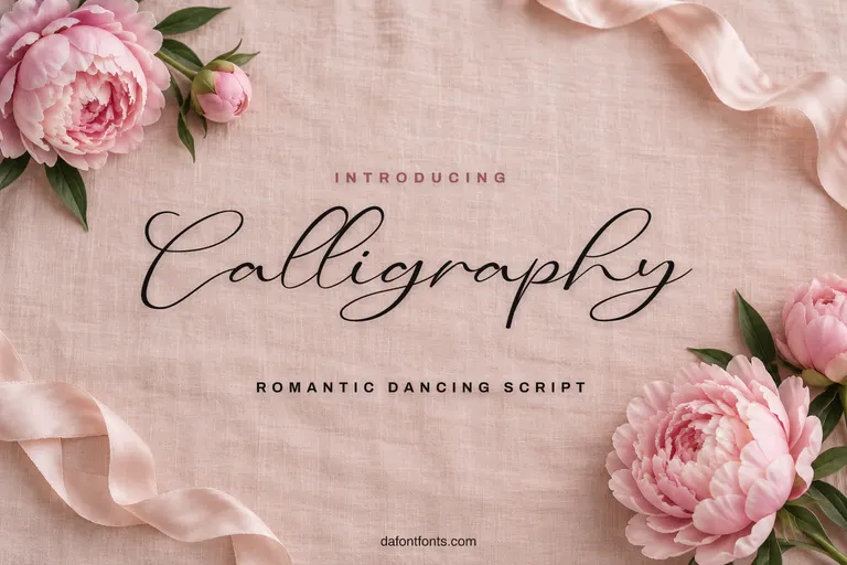 Calligraphy font poster: black flowing script on a blush background with peonies
