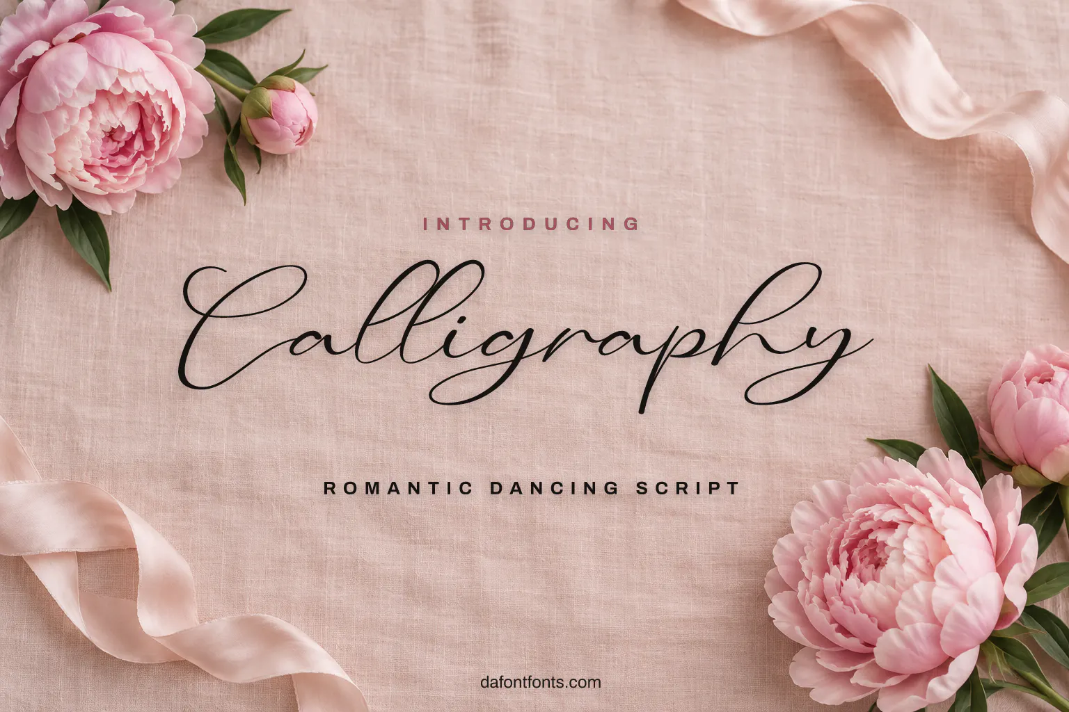 Calligraphy font poster: black flowing script on a blush background with peonies