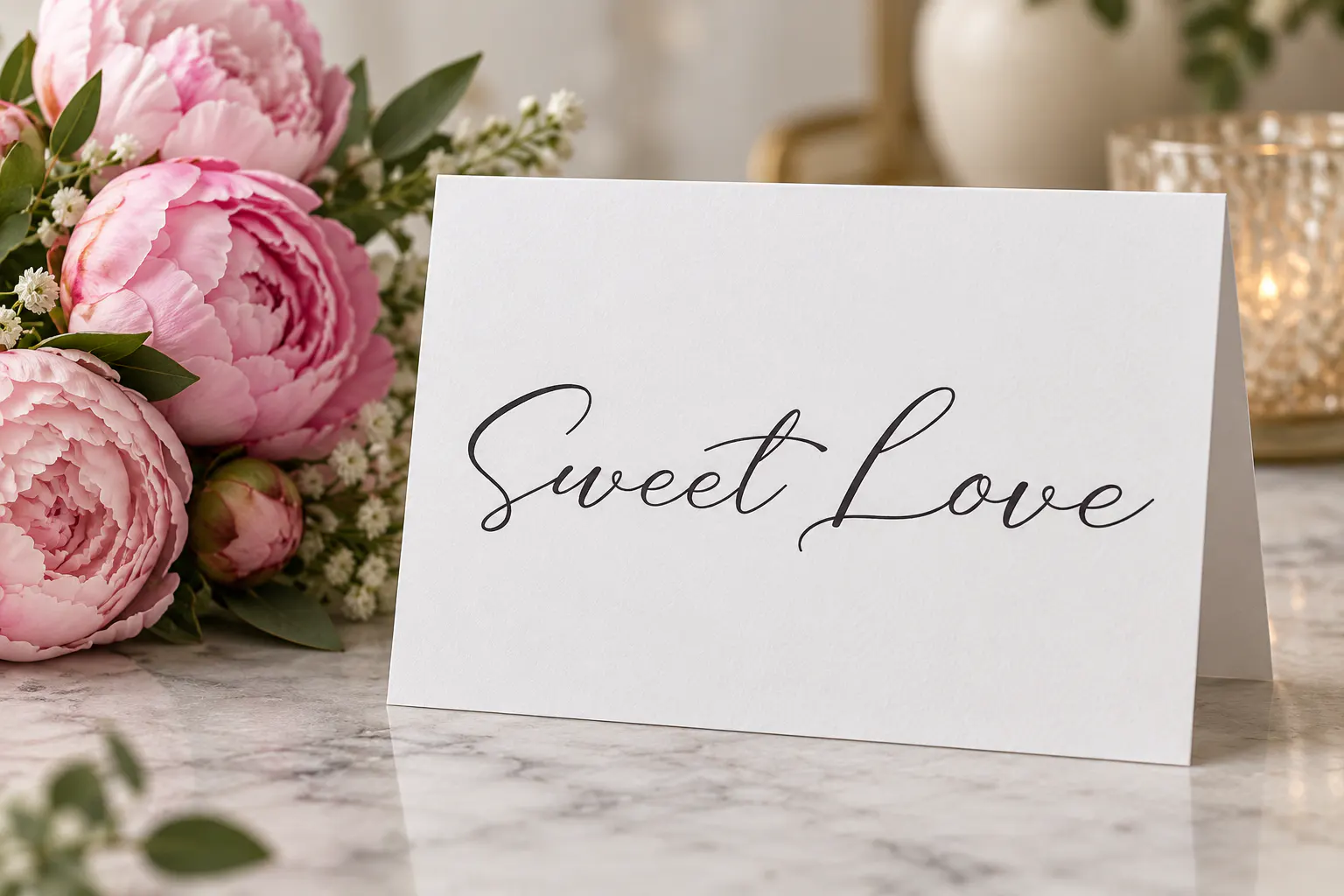 Calligraphy font on a greeting card reading Sweet Love