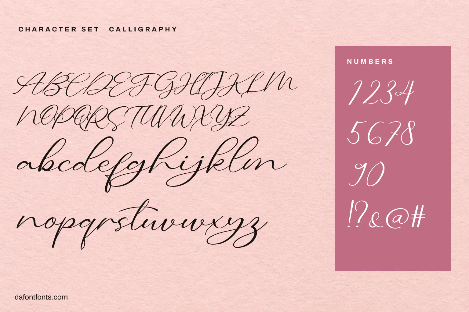 Calligraphy character set: alphabet, numbers and symbols
