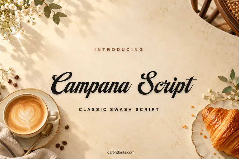 Campana Script font poster: black script on a warm cream background with coffee and a croissant