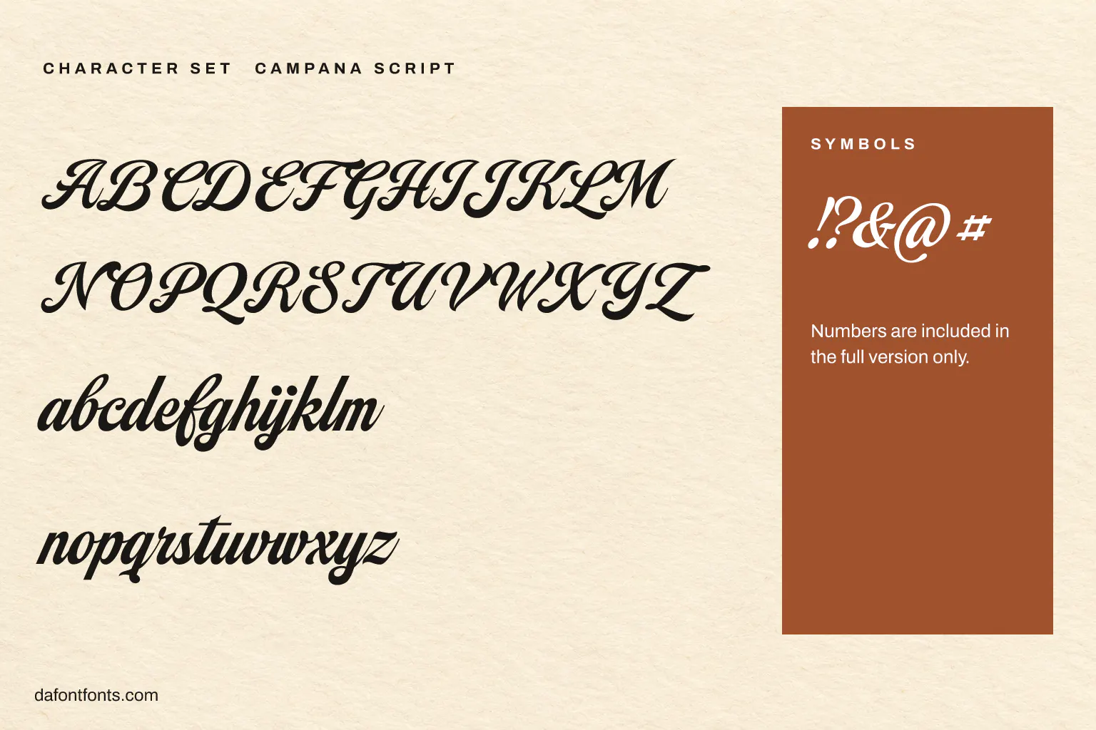 Campana Script character set: capitals, lowercase and symbols (numbers in the full version)
