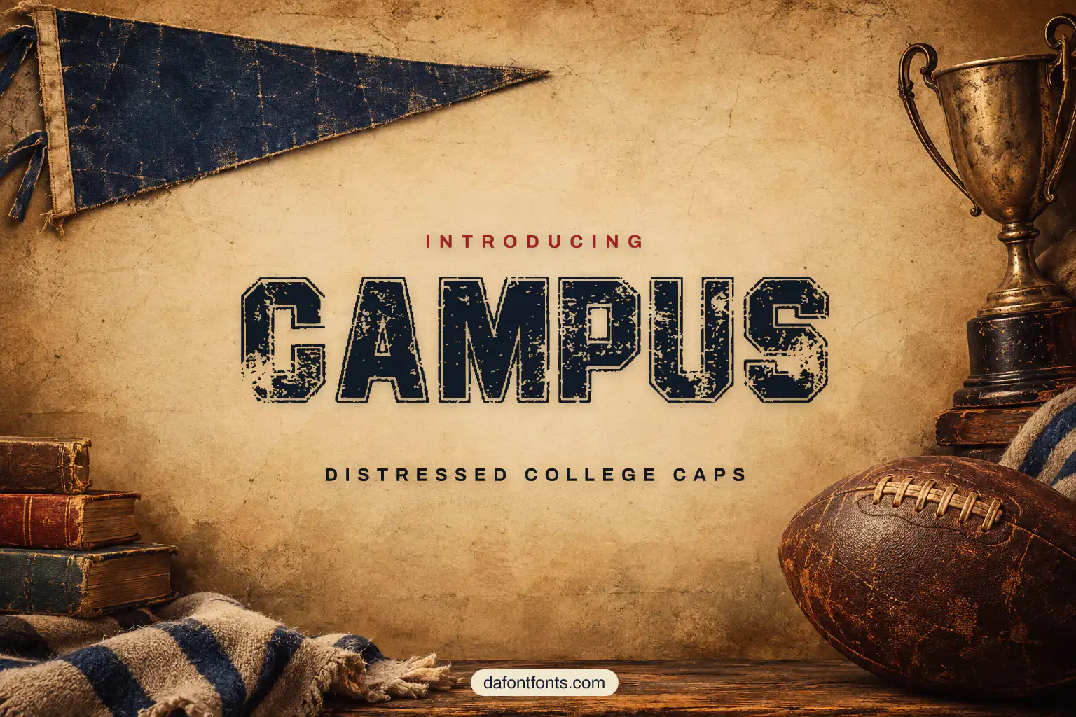 Campus font poster: navy distressed college caps on a vintage campus background
