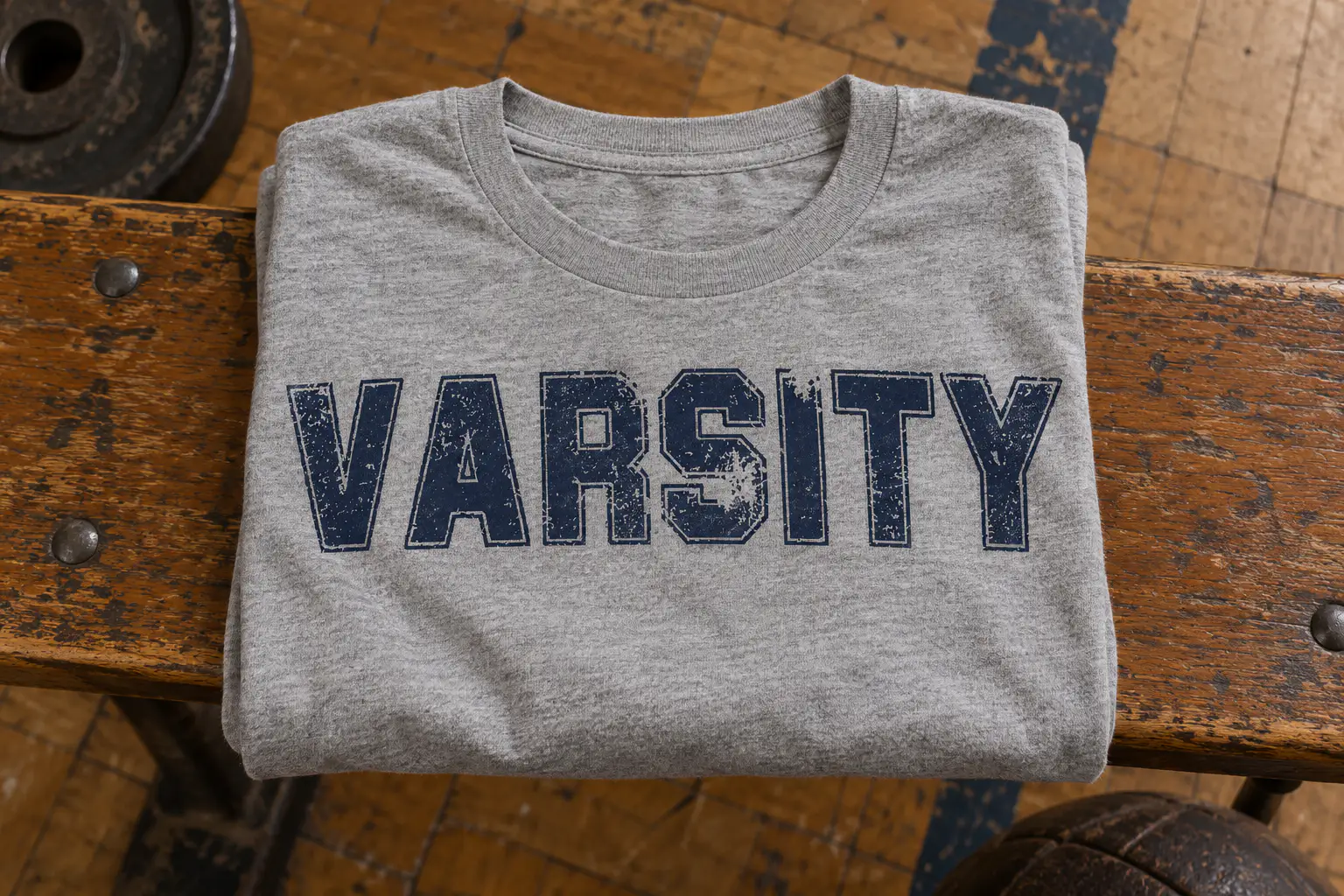 Campus font on a grey t-shirt reading VARSITY