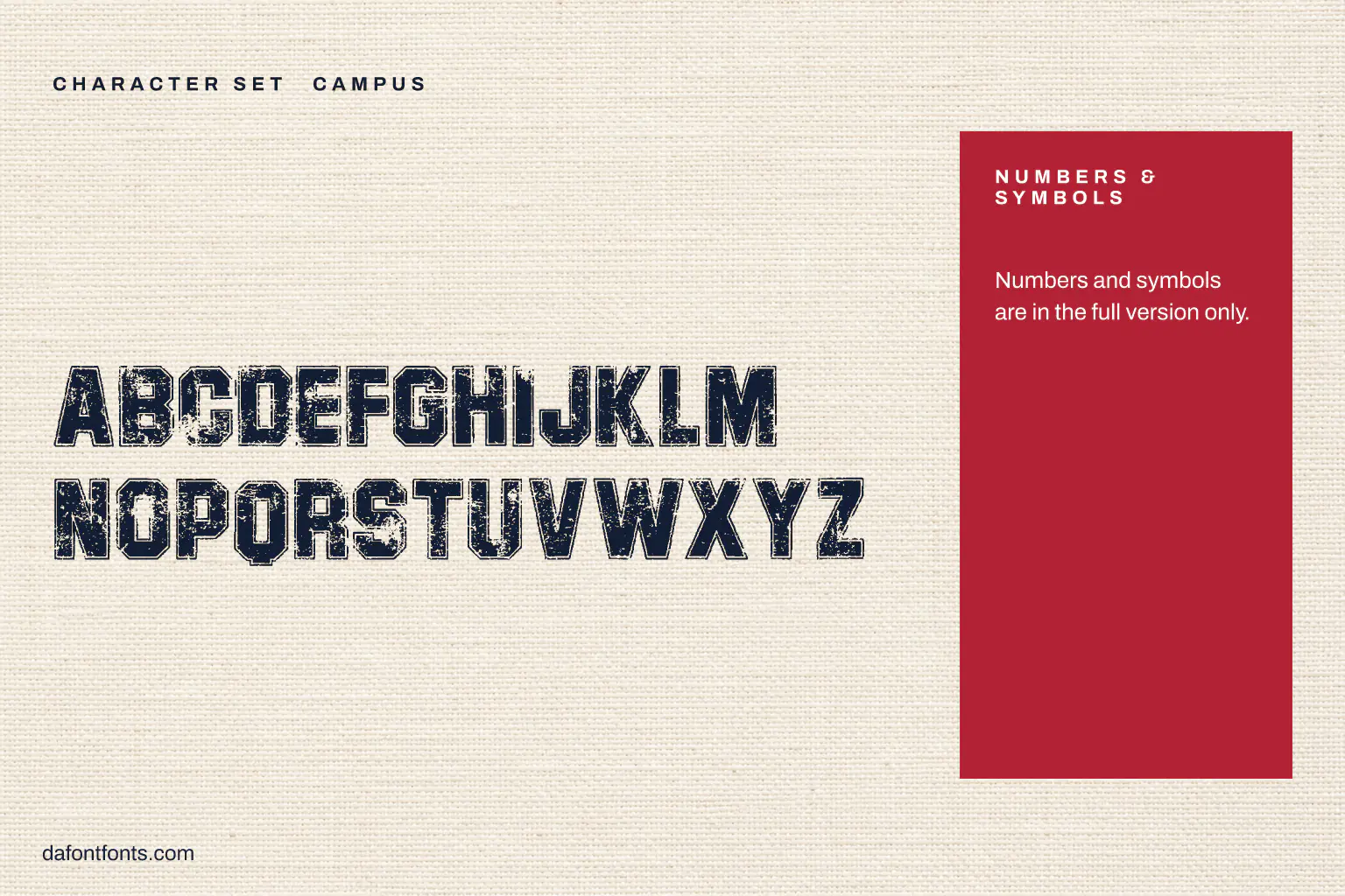 Campus character set: capitals (numbers and symbols in the full version)