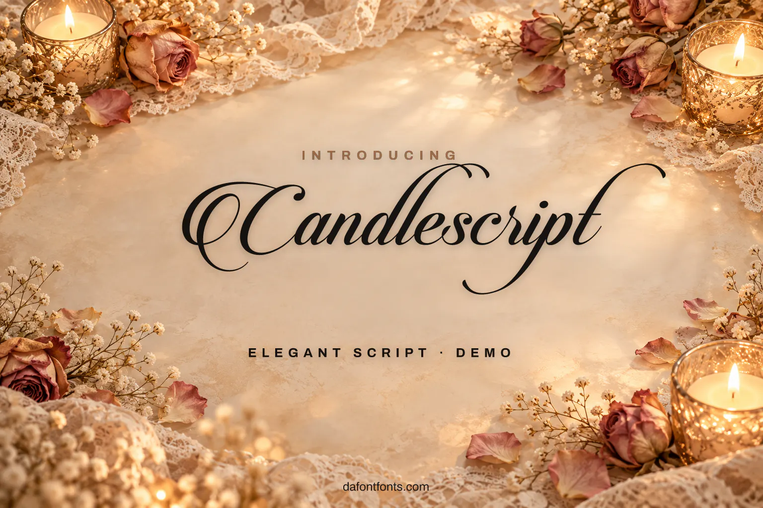Candlescript font poster: black script on a warm candlelit background with lace and roses