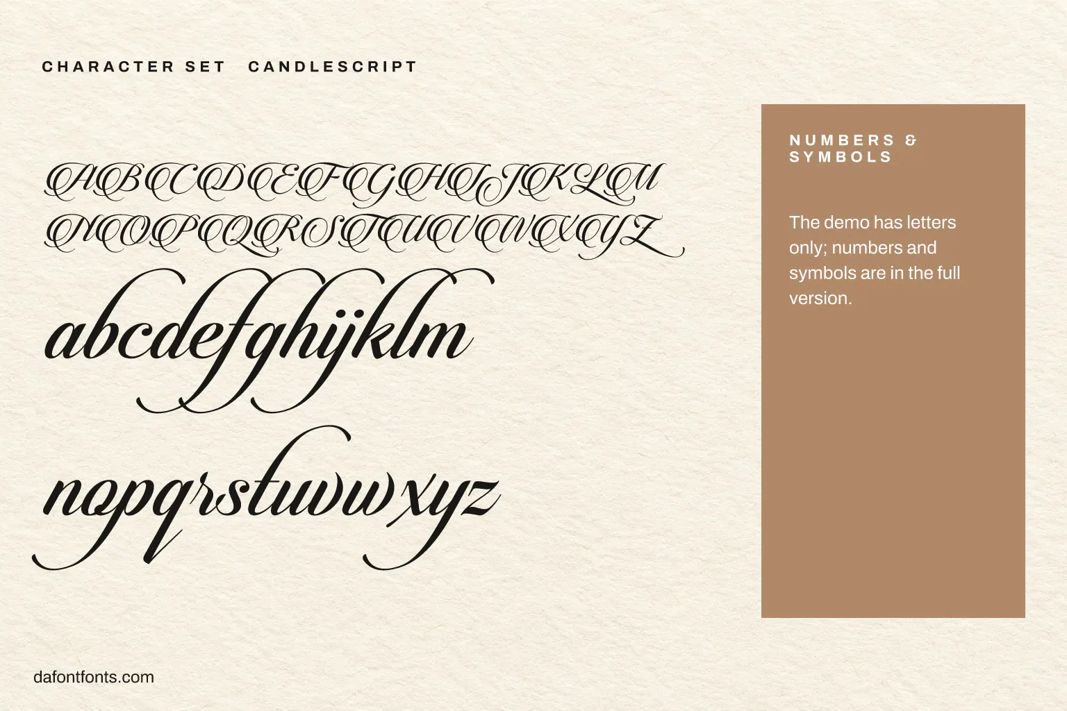 Candlescript character set: capitals and lowercase (numbers and symbols in the full version)
