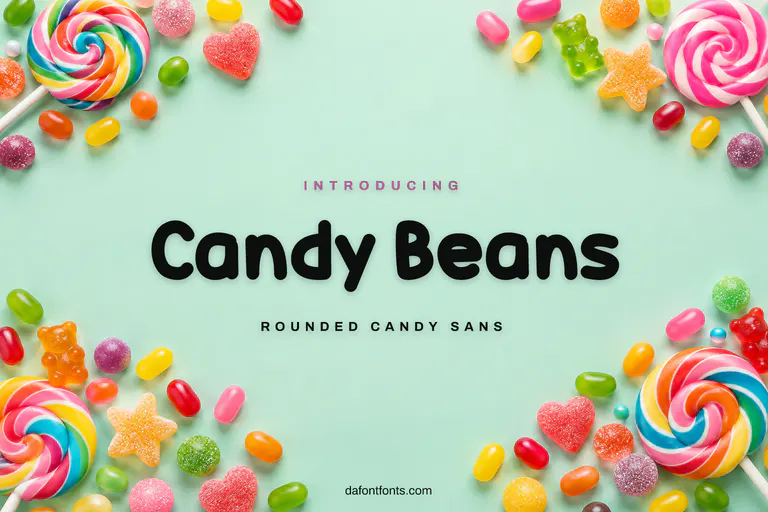 Candy Beans font poster: black rounded letters on a colorful candy background