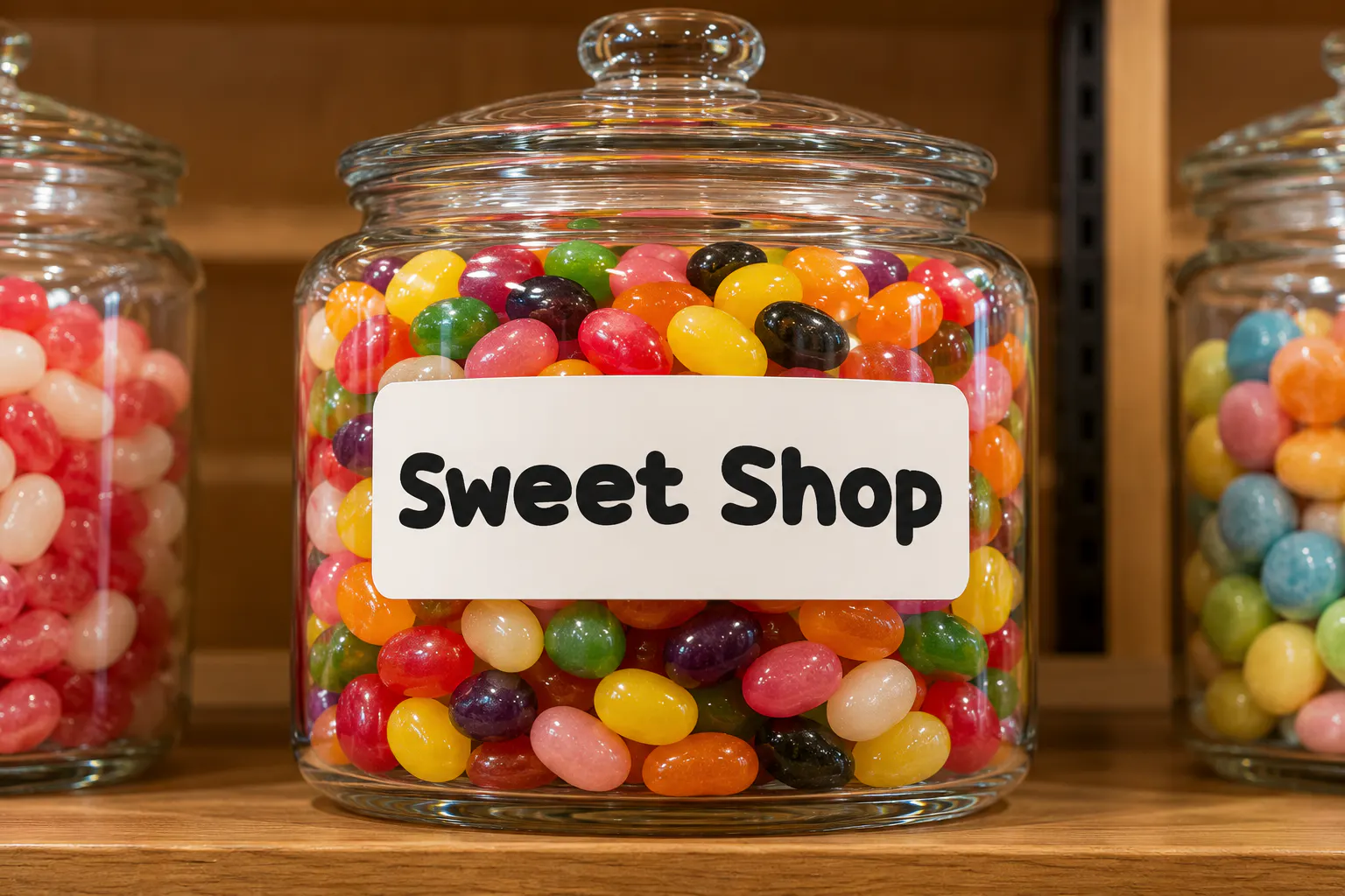 Candy Beans font on a candy jar label reading Sweet Shop