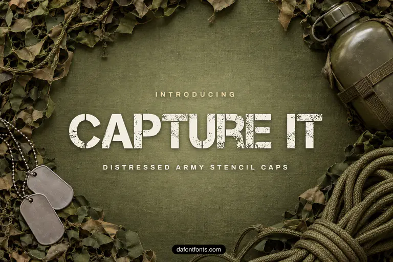 Capture It font poster: black stencil caps on a military canvas background
