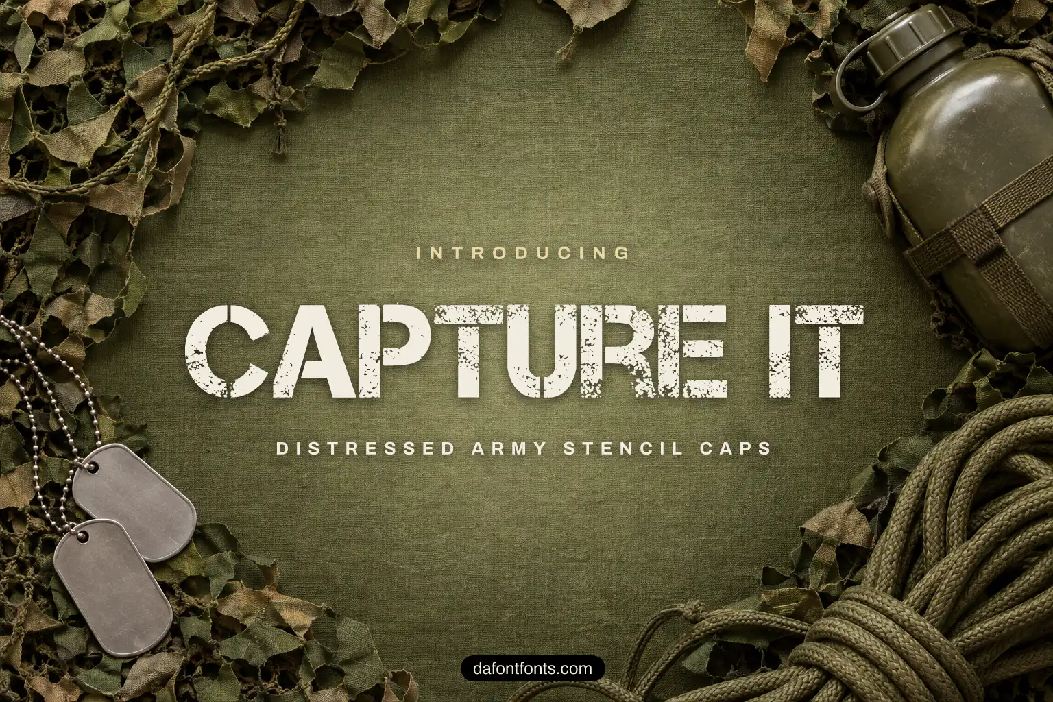 Capture It font poster: black stencil caps on a military canvas background