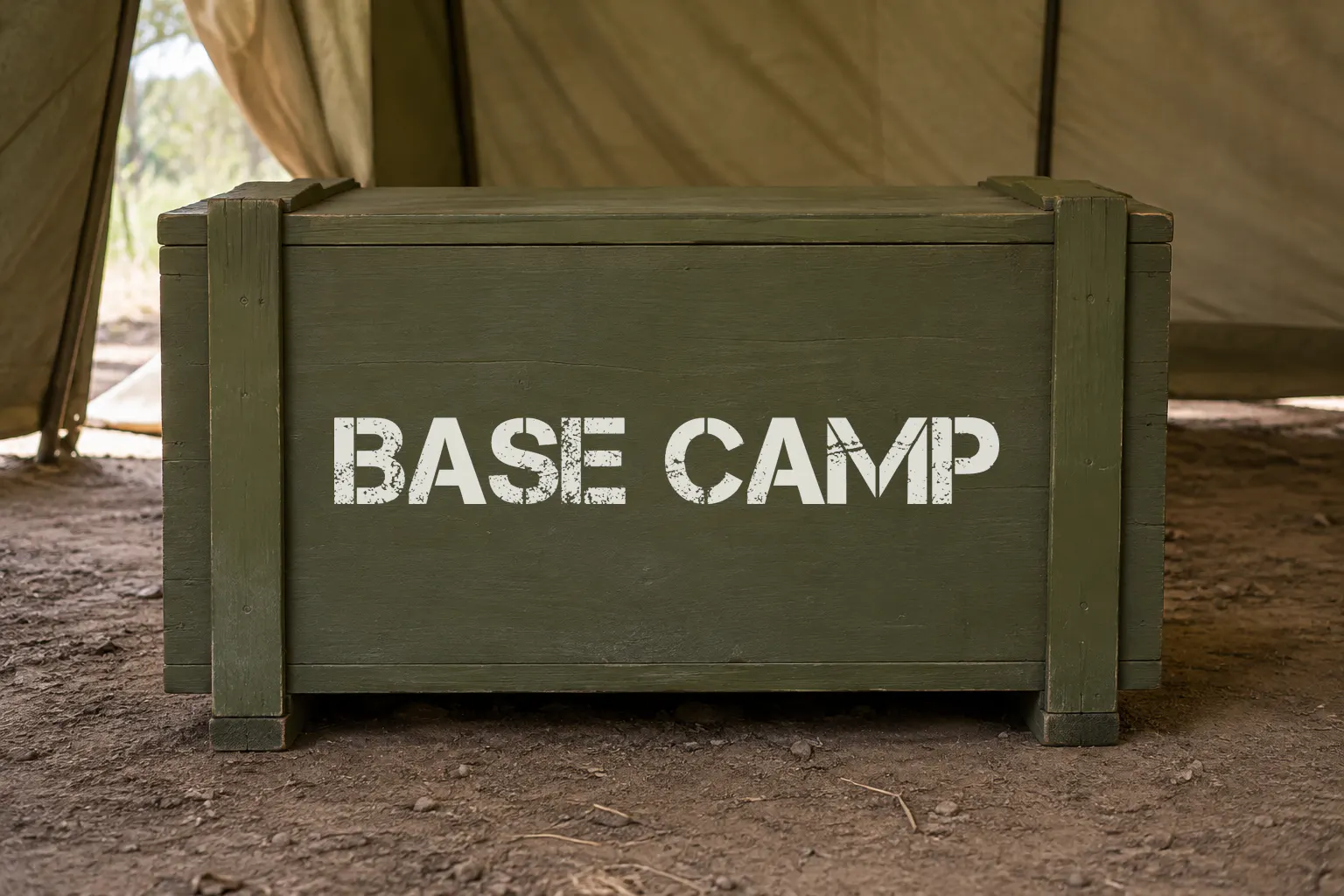 Capture It font on an olive crate reading BASE CAMP