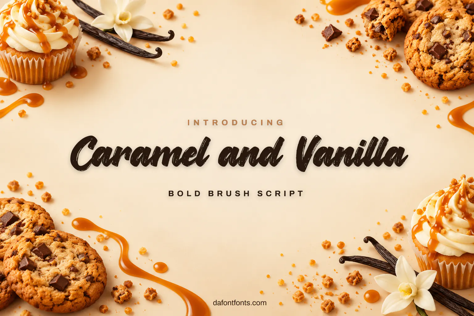 Caramel and Vanilla font poster: bold brush lettering on cream with cookies and cupcakes