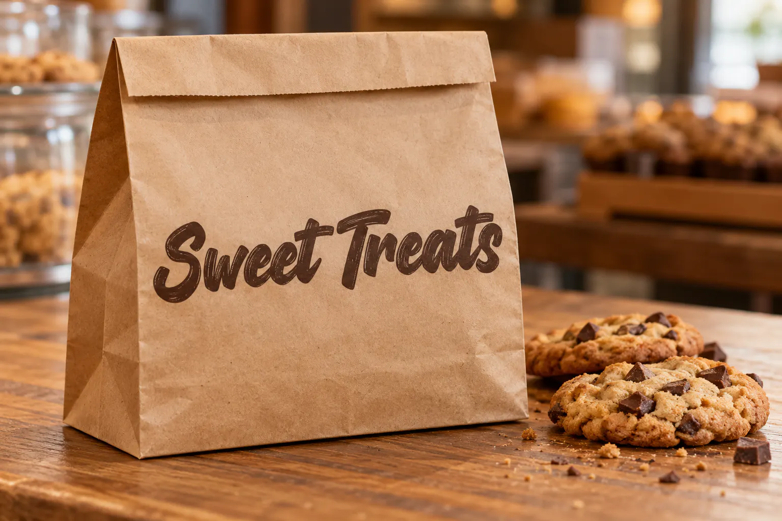 Caramel and Vanilla font on a kraft paper bakery bag reading Sweet Treats