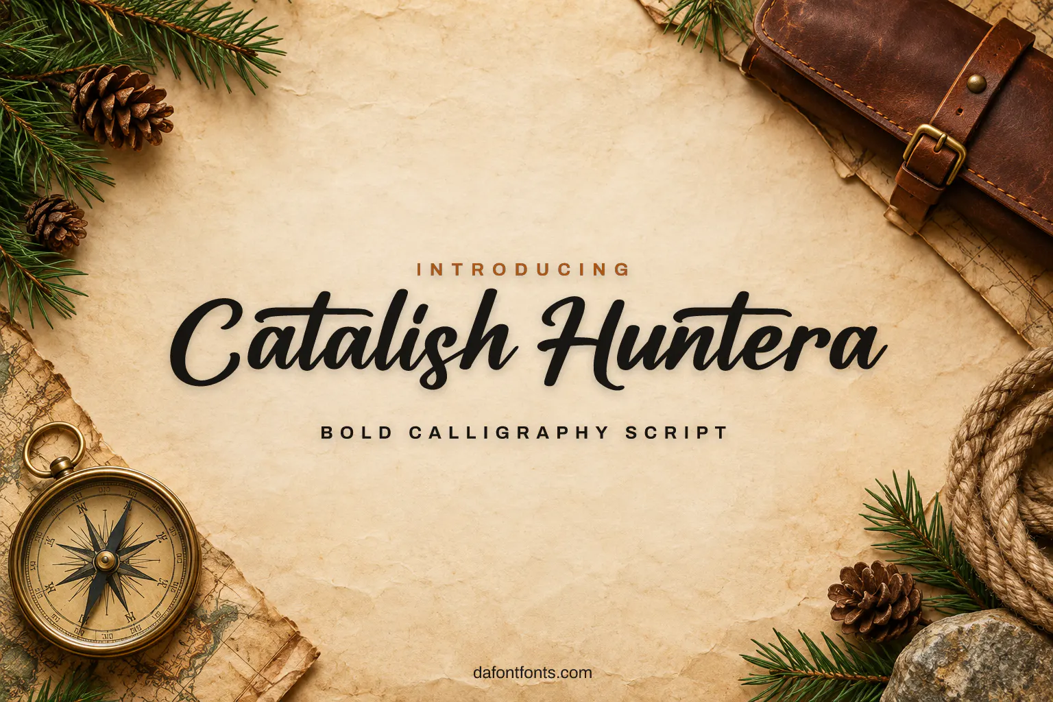 Catalish Huntera font poster: bold script on beige with a compass and pine branches