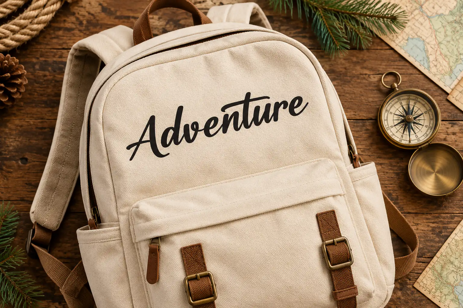 Catalish Huntera font on a canvas backpack reading Adventure