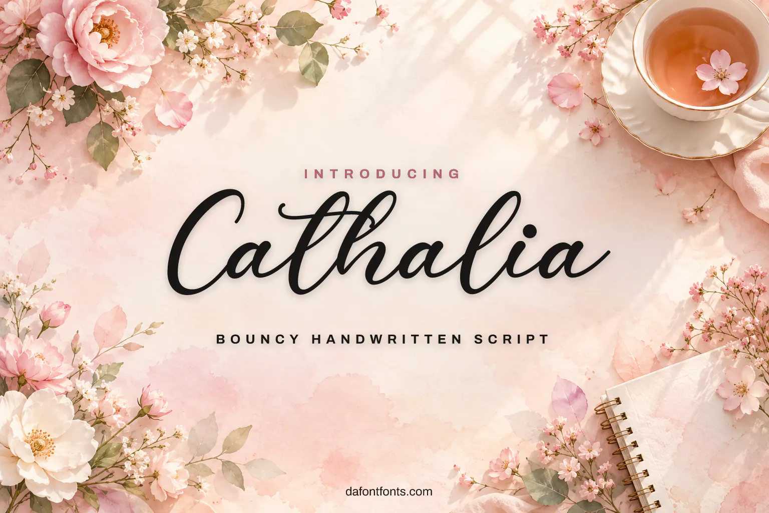 Cathalia font poster: black script on a pastel background with watercolor flowers