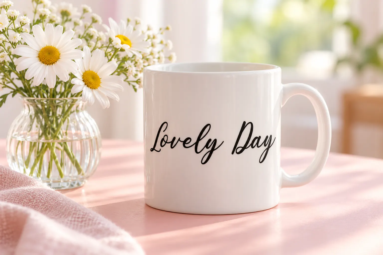 Cathalia font on a ceramic mug reading Lovely Day