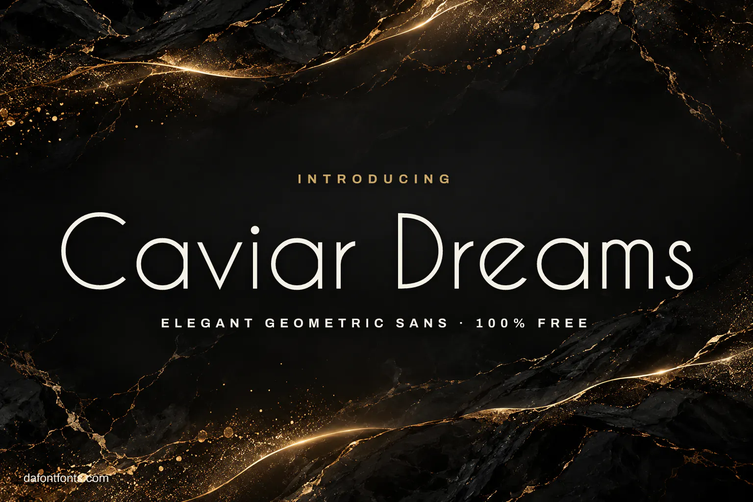 Caviar Dreams font poster: thin lettering on black marble with a gold streak
