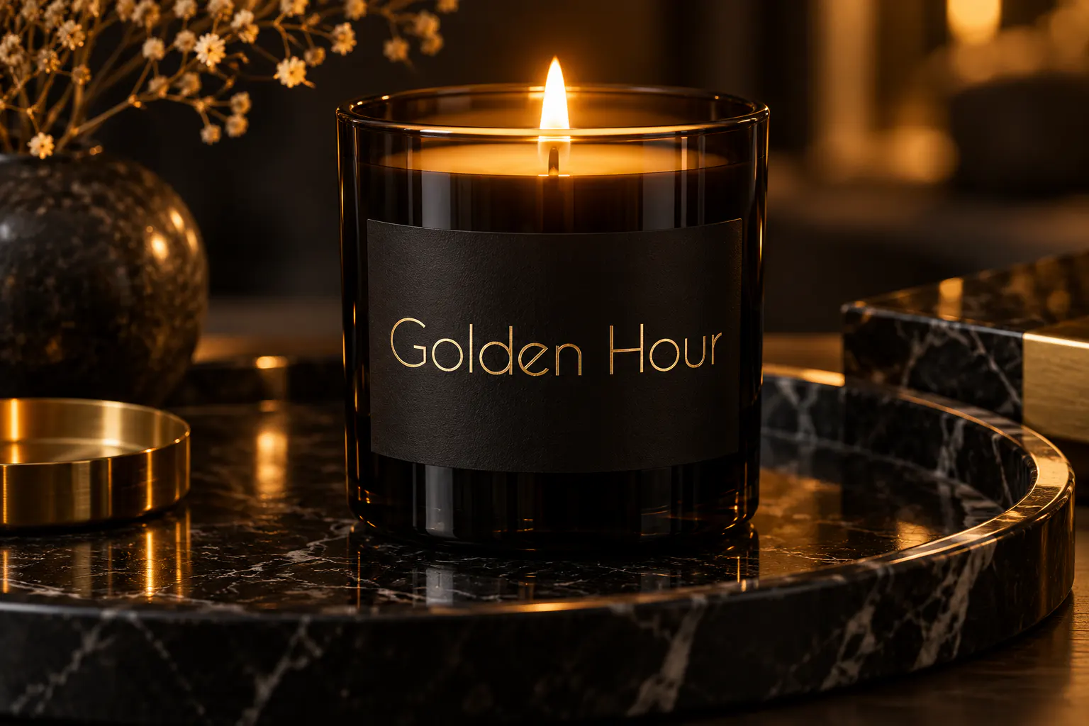 Caviar Dreams font on a black luxury candle label reading Golden Hour