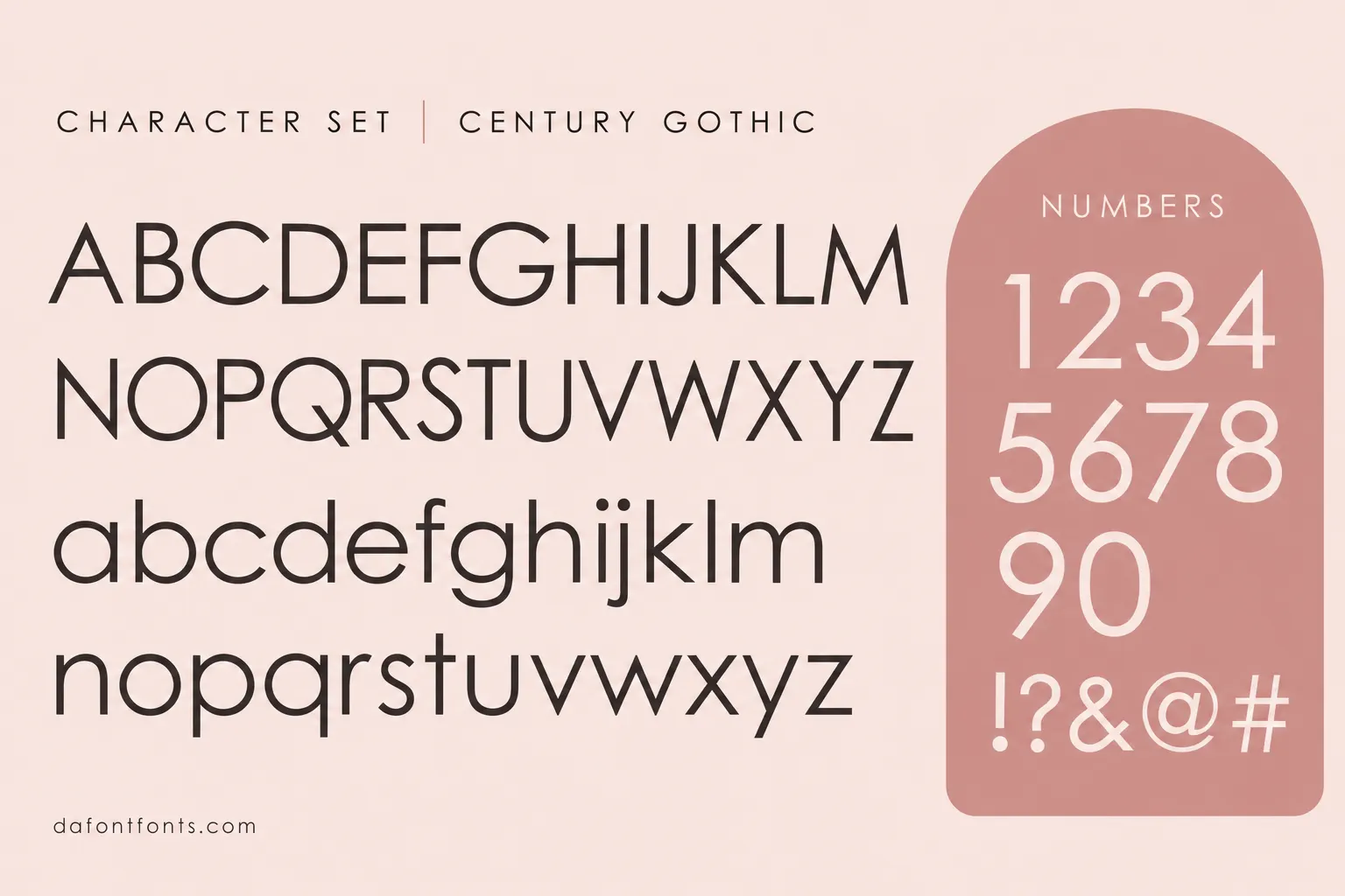 Century Gothic style character set: uppercase and lowercase alphabet, numbers and symbols