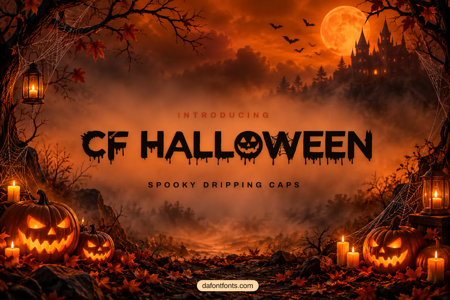 CF Halloween font poster: black dripping caps on a spooky pumpkin background
