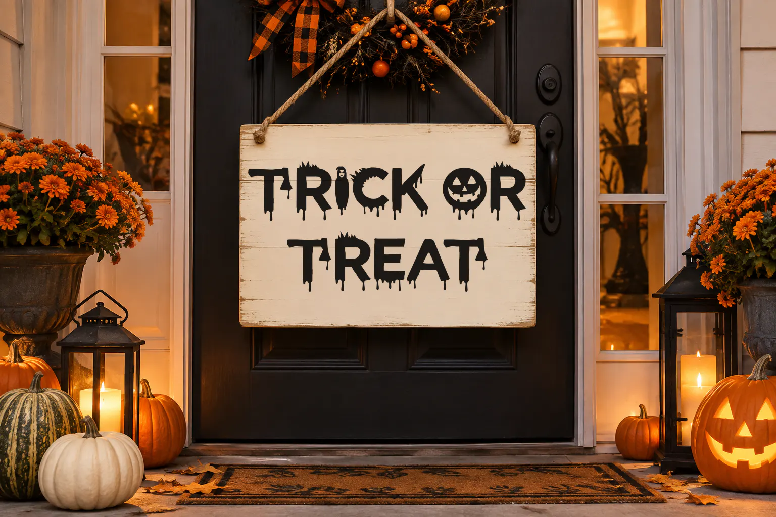 CF Halloween font on a door sign reading TRICK OR TREAT