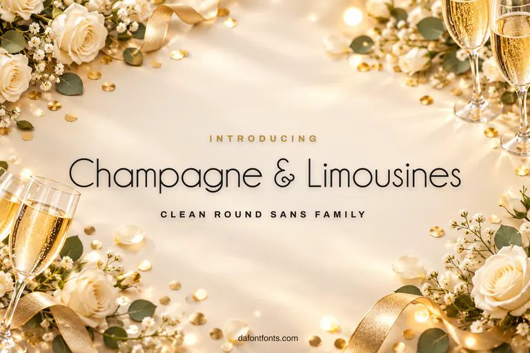 Champagne & Limousines font poster: thin black round sans on a celebration background with champagne glasses