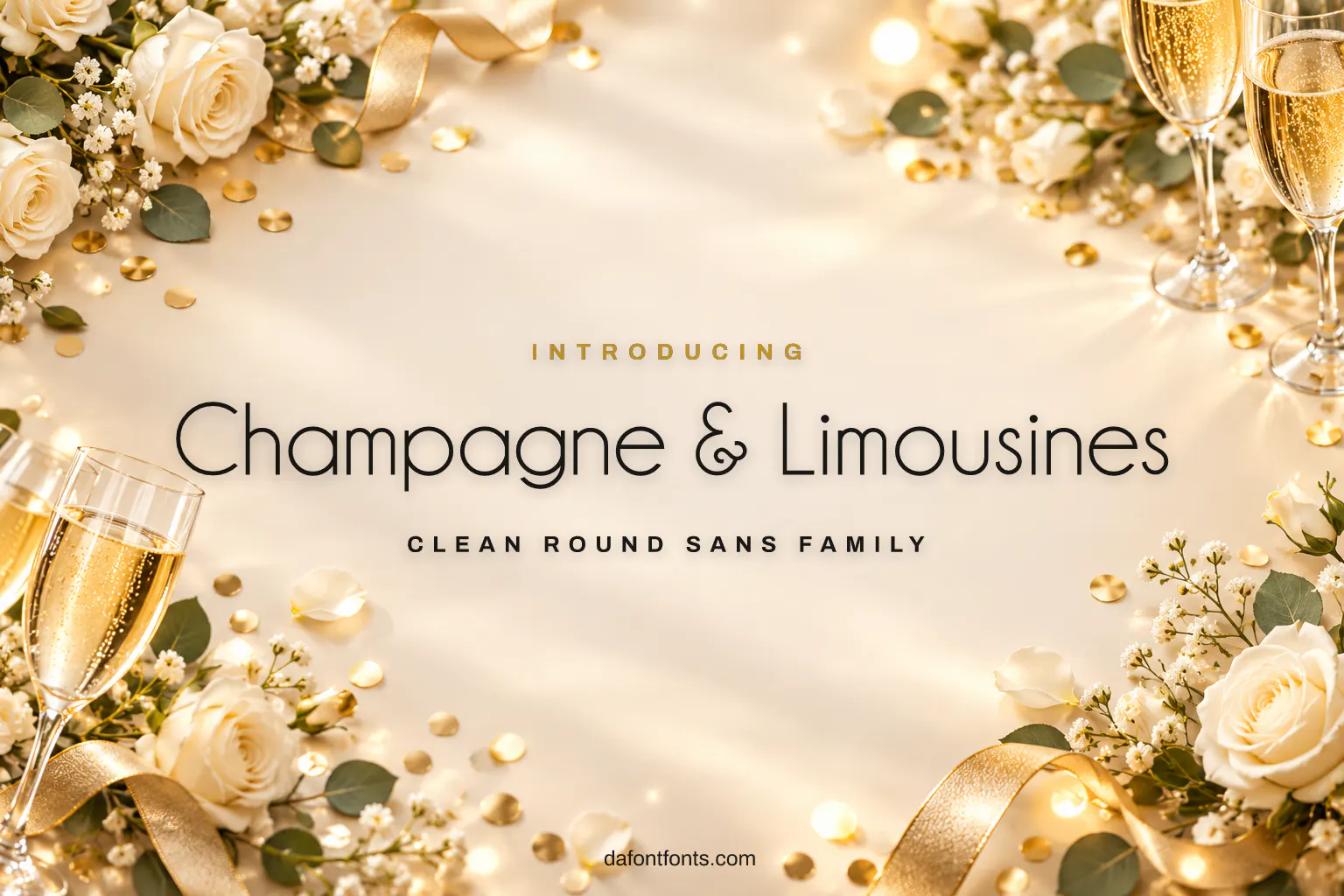 Champagne & Limousines font poster: thin black round sans on a celebration background with champagne glasses