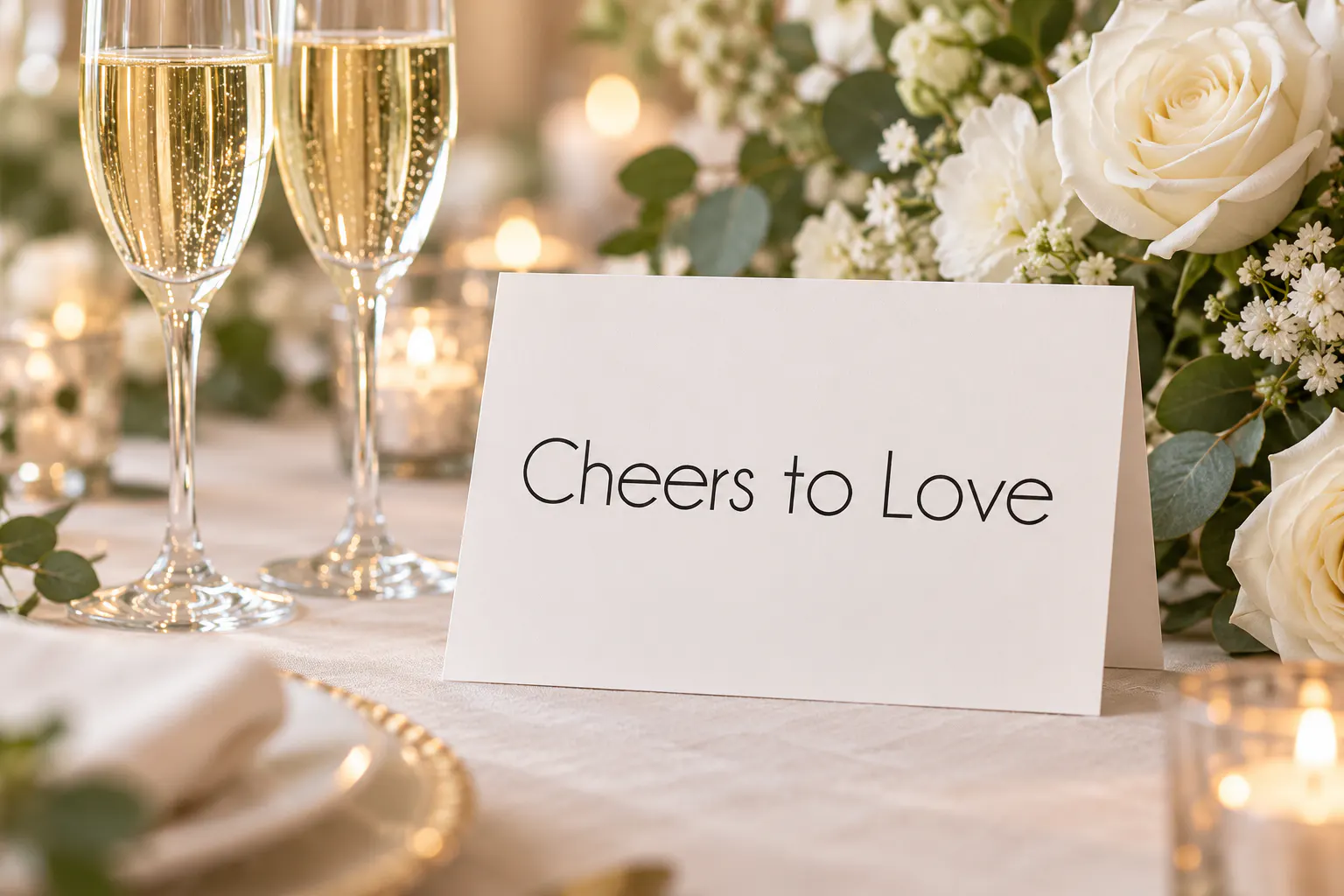 Champagne & Limousines font on a wedding table card reading Cheers to Love