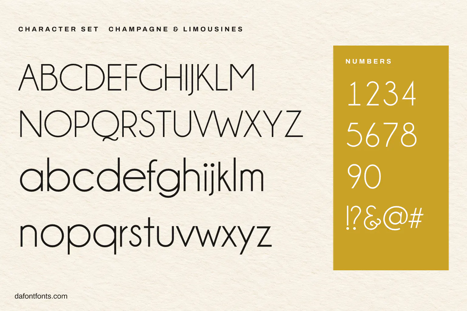 Champagne & Limousines character set: alphabet, numbers and symbols