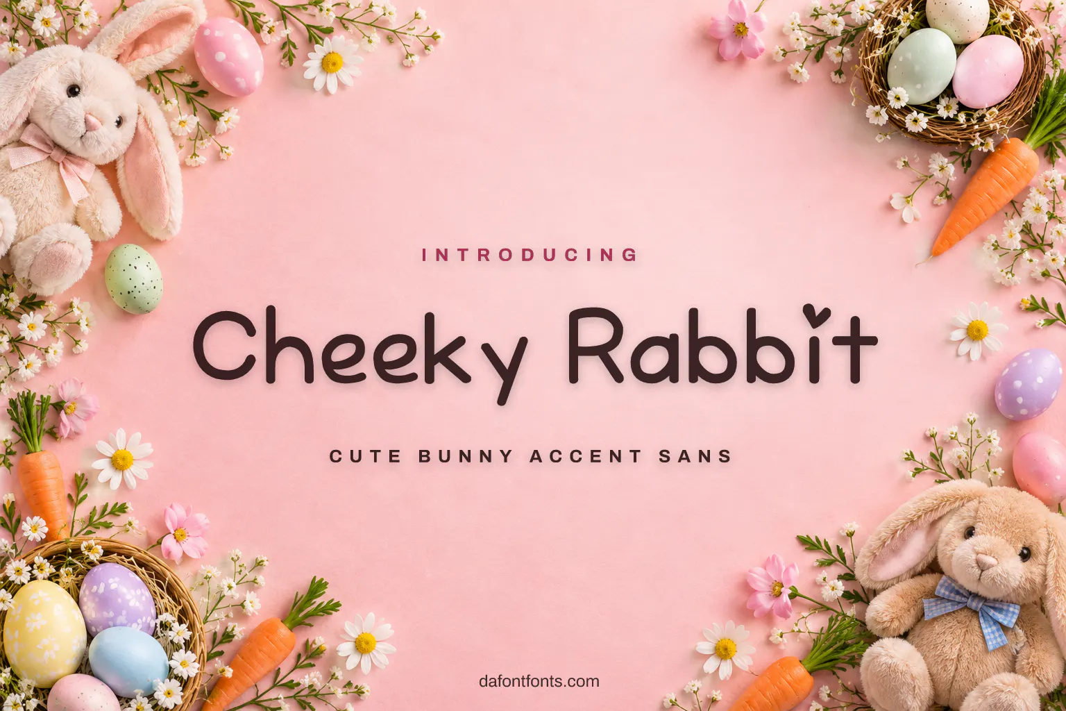 Cheeky Rabbit font poster: cute letters on pink with plush bunnies and pastel eggs