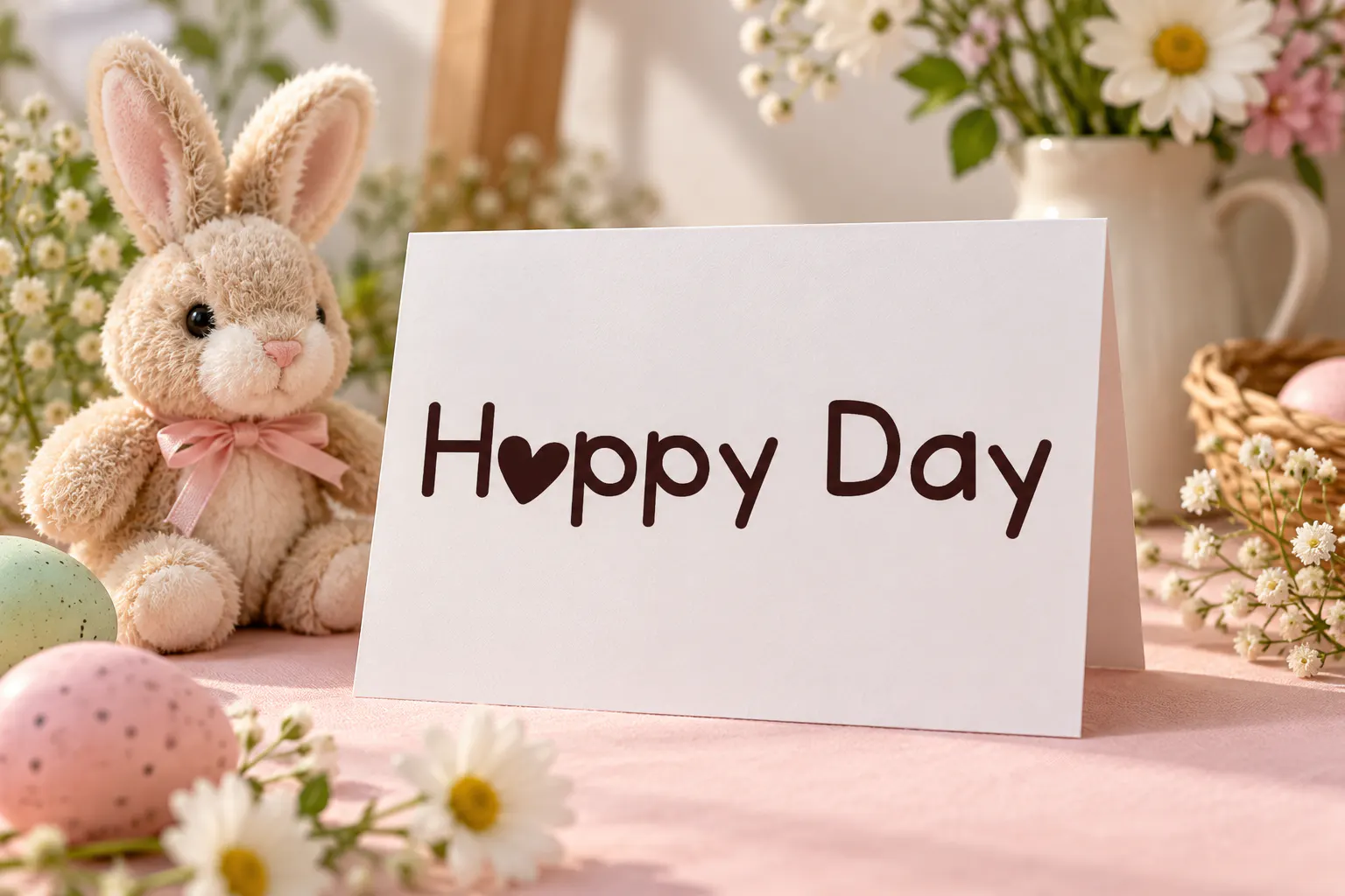 Cheeky Rabbit font on a greeting card reading Hoppy Day
