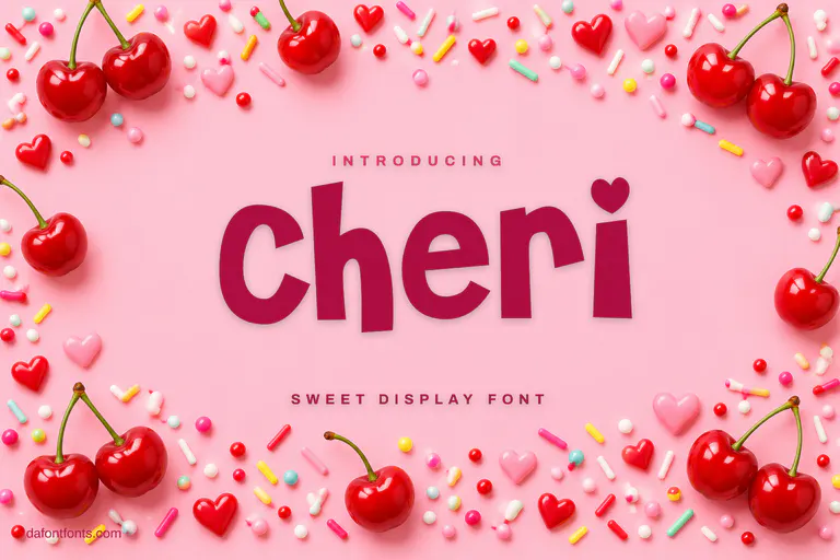 Cheri font poster: bubbly lettering on a pink background with cherries