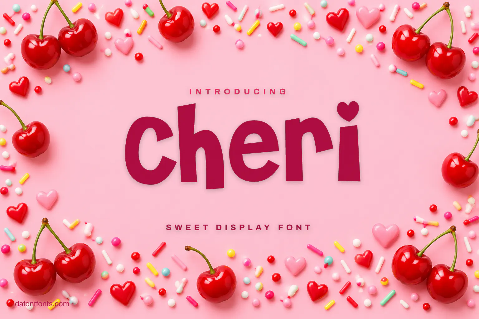 Cheri font poster: bubbly lettering on a pink background with cherries