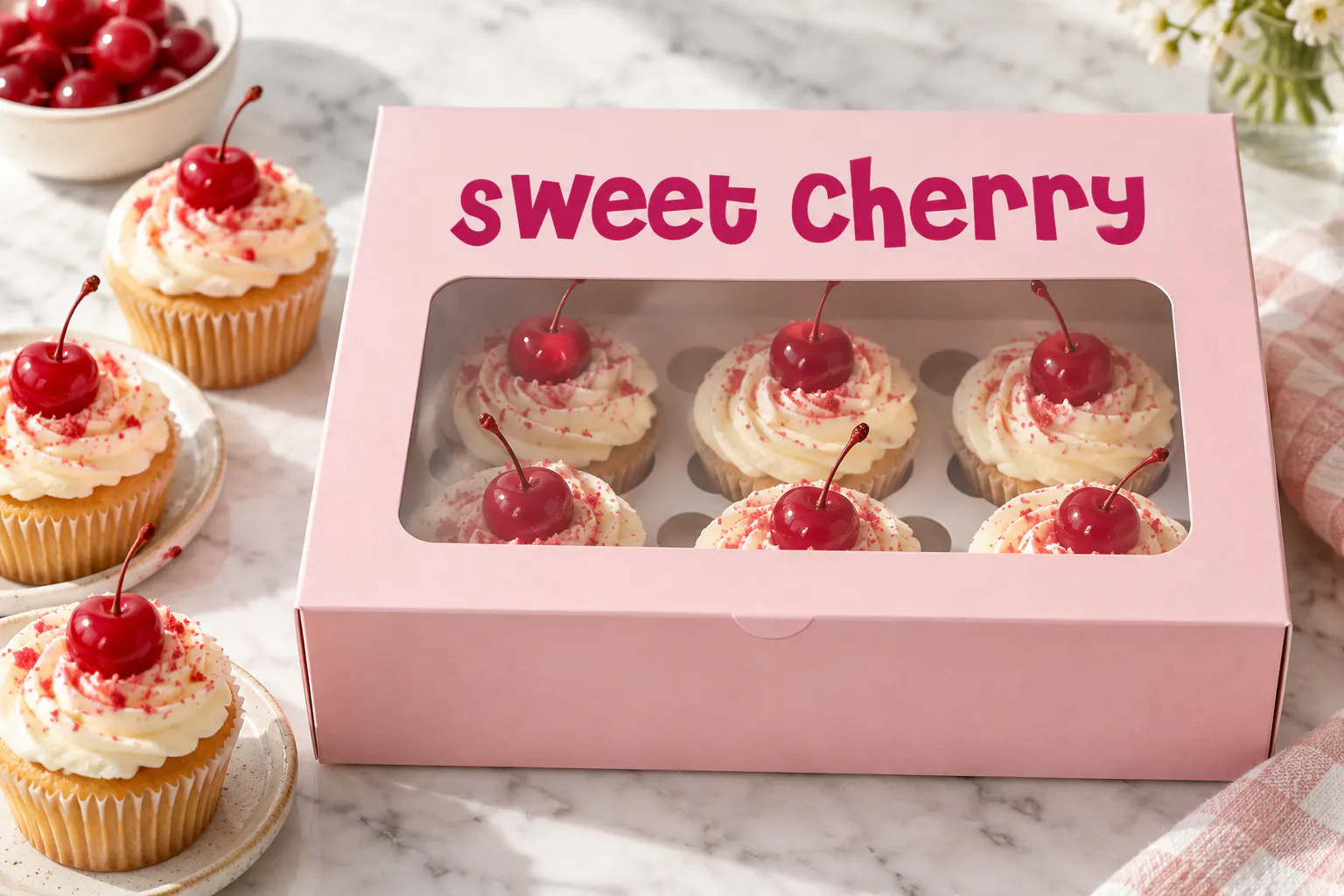 Cheri font on a bakery cupcake box reading Sweet Cherry