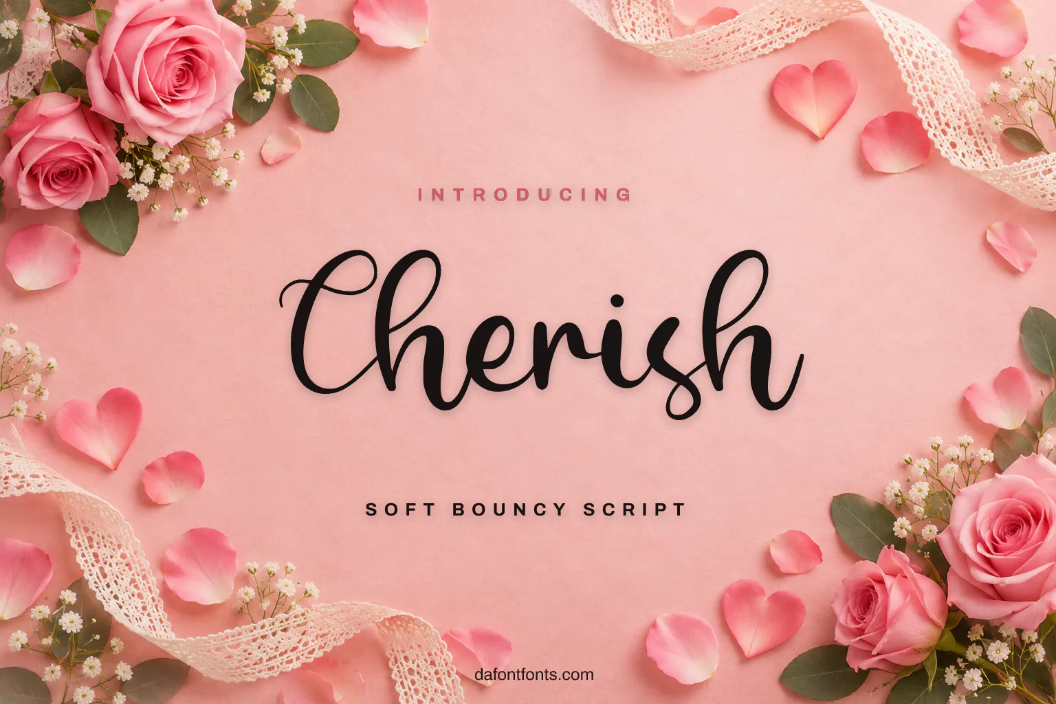 Cherish font poster: soft script on pink paper with roses and lace