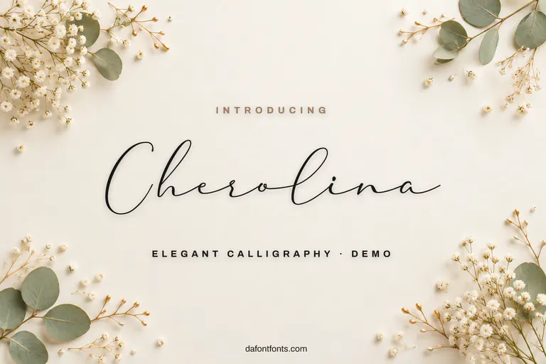Cherolina font poster: black calligraphy on a soft ivory background with dried flowers