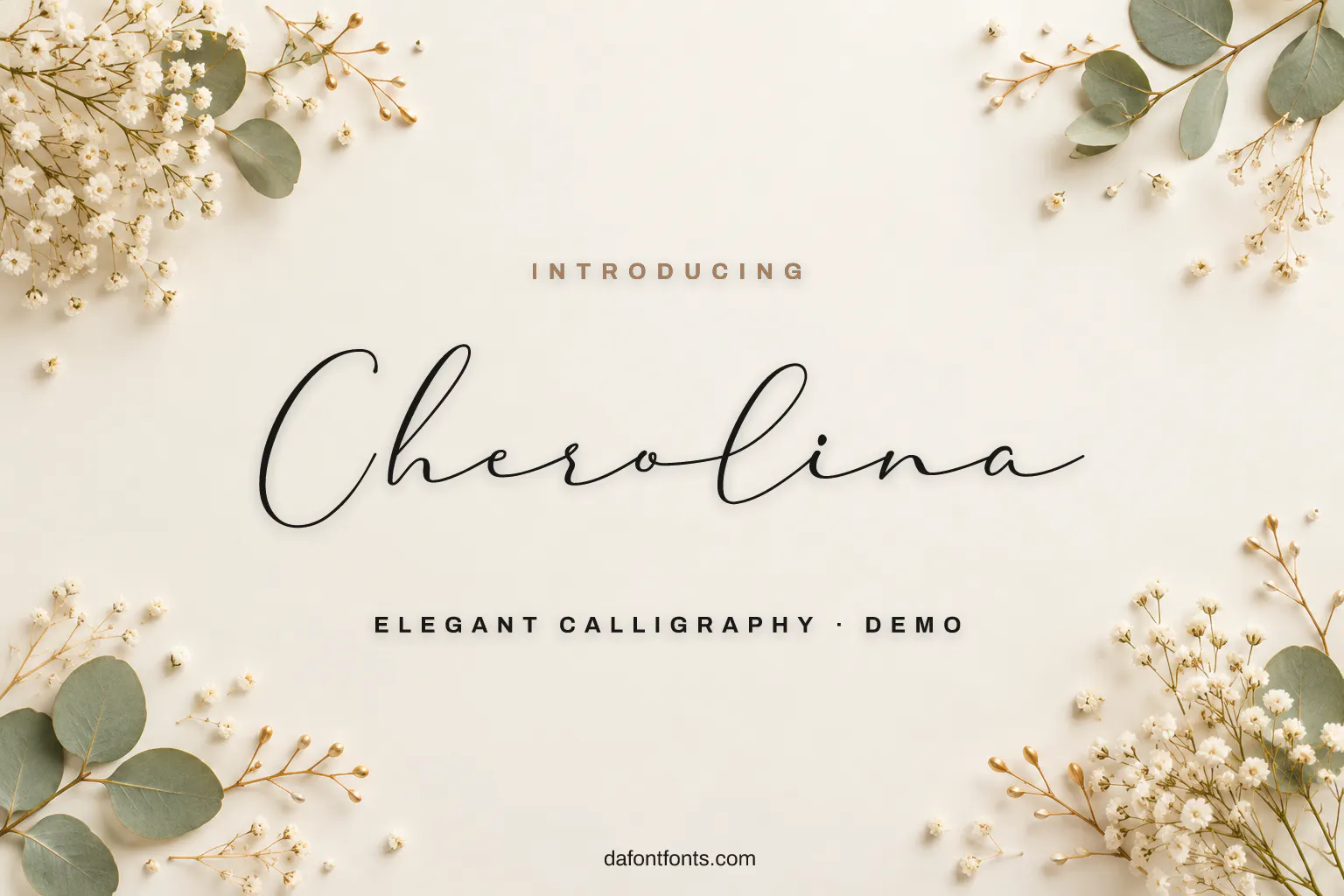 Cherolina font poster: black calligraphy on a soft ivory background with dried flowers