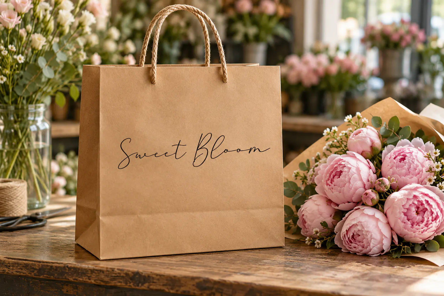 Cherolina font on a kraft shopping bag reading Sweet Bloom