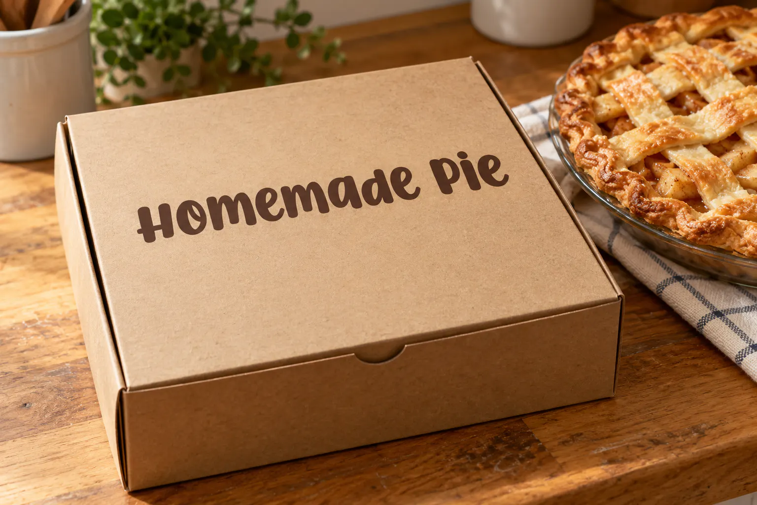 Chicken Pie font on a bakery pie box reading Homemade Pie