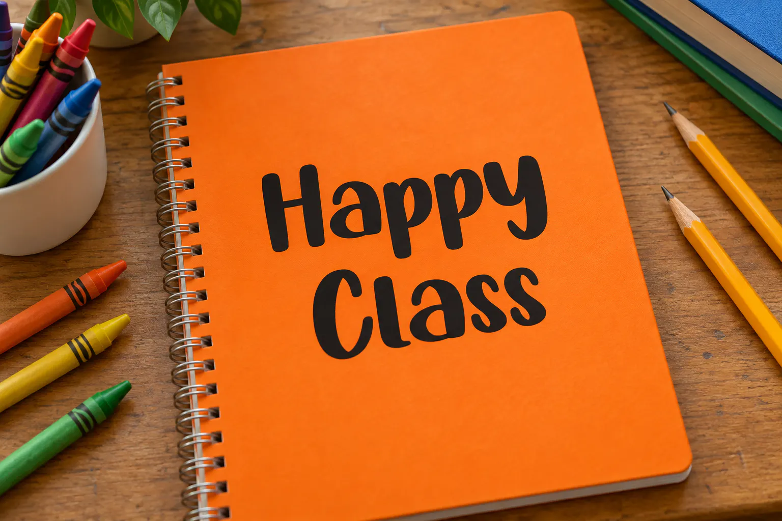 Childer font on a school notebook cover reading Happy Class
