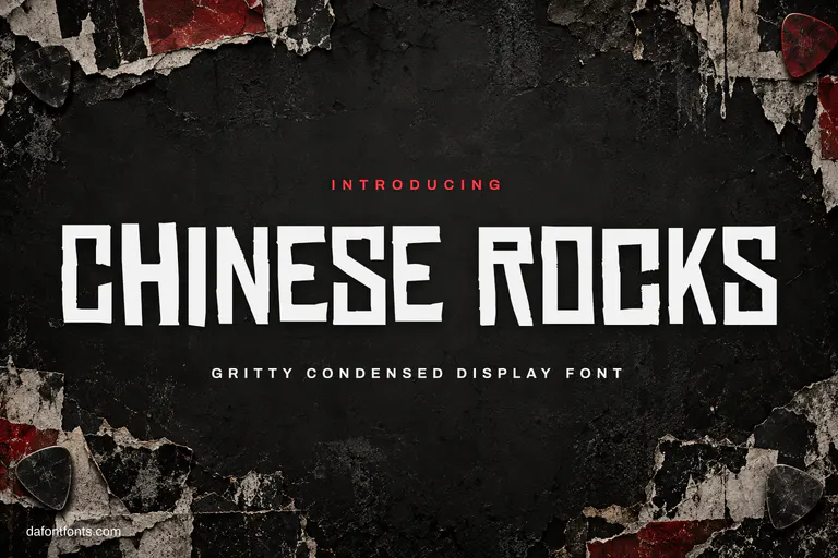 Chinese Rocks font poster: white gritty caps on a charcoal wall with torn posters