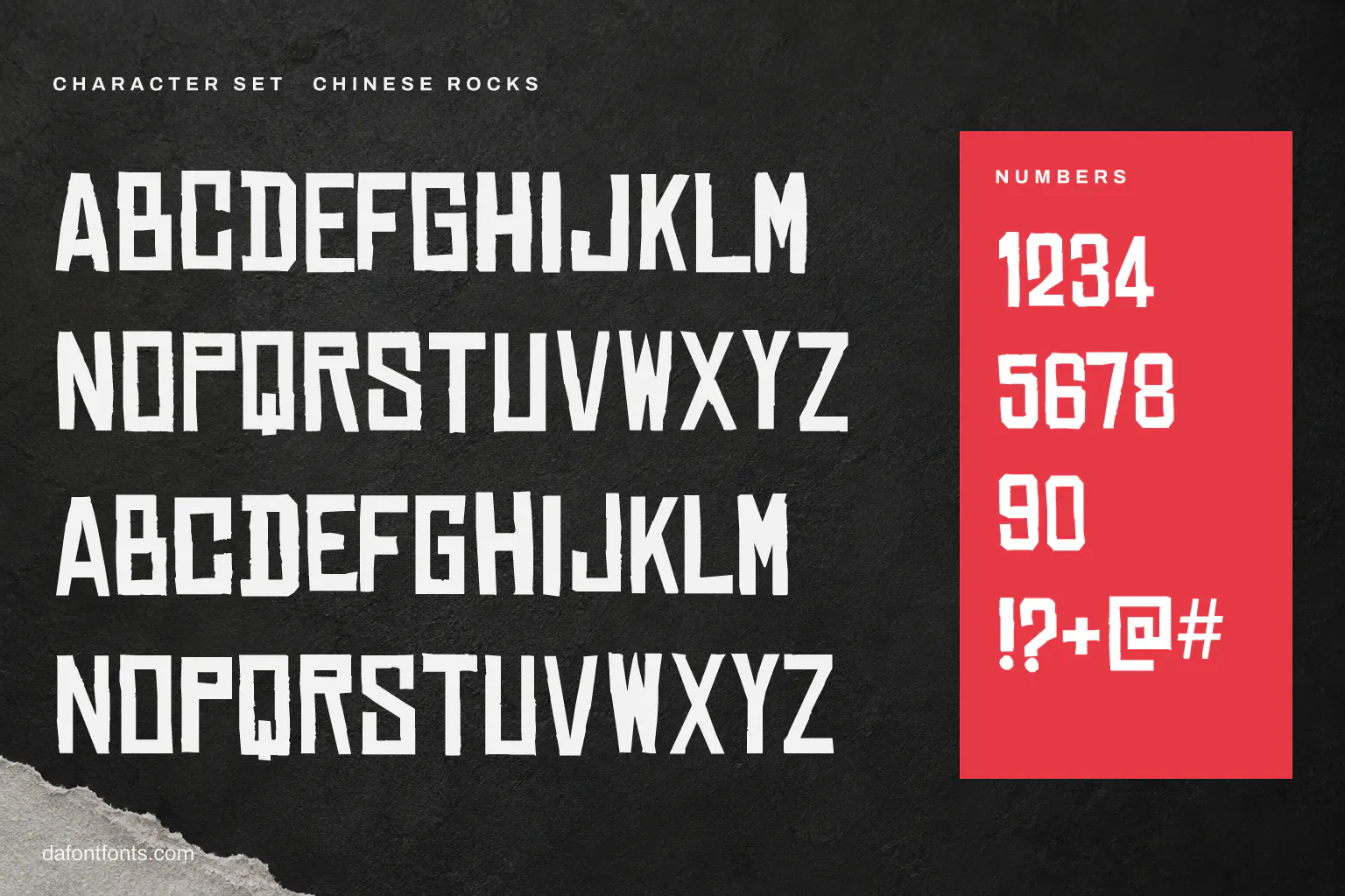Chinese Rocks character set: capitals A to Z, alternate capitals on the lowercase keys, numbers and symbols