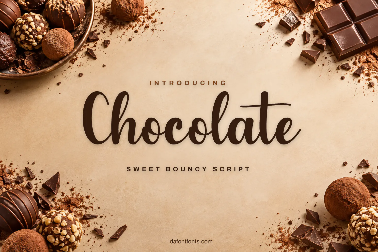 Chocolate font poster: dark brown script on a chocolate dessert background