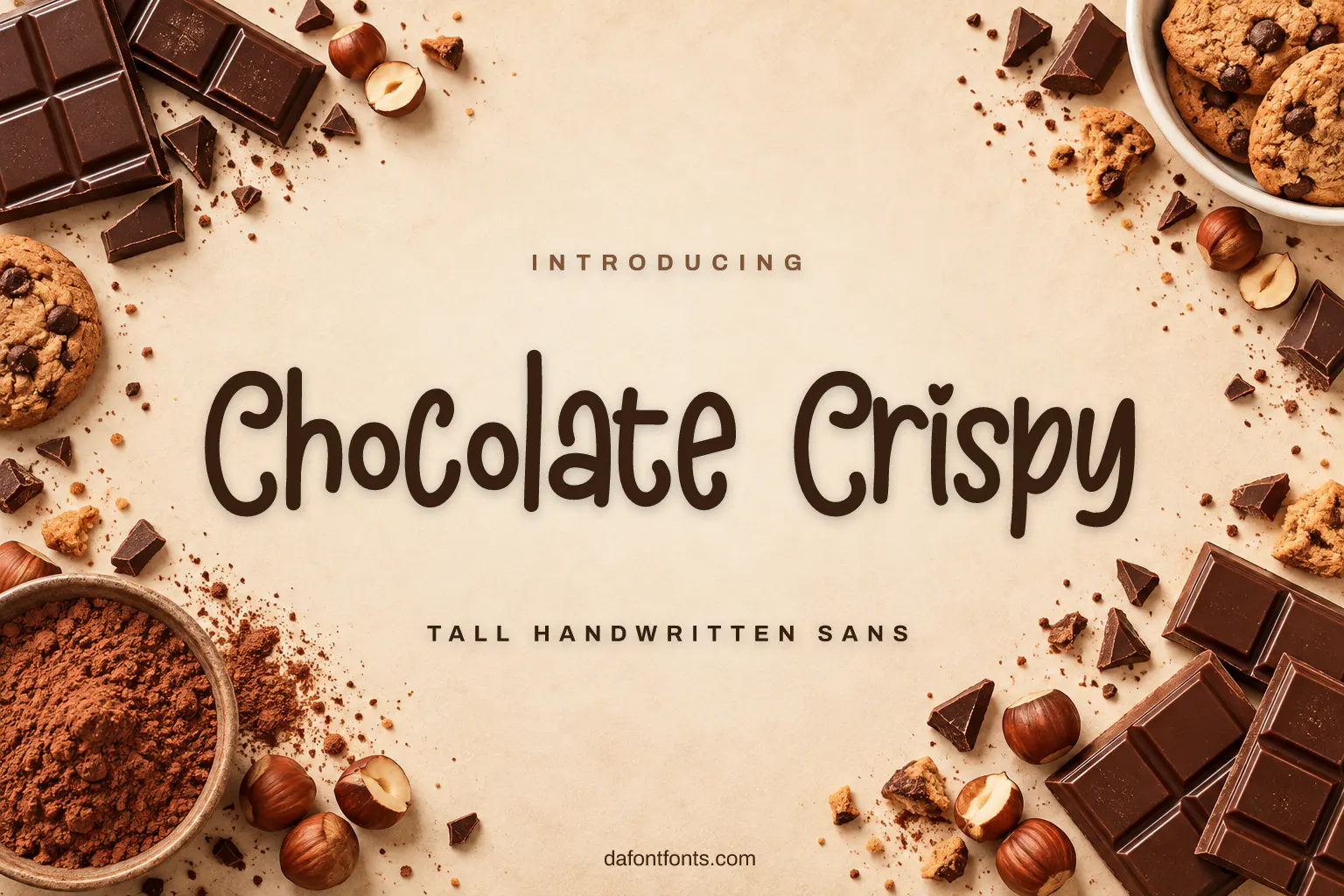 Chocolate Crispy font poster: tall handwritten letters on cream with chocolate and cookies