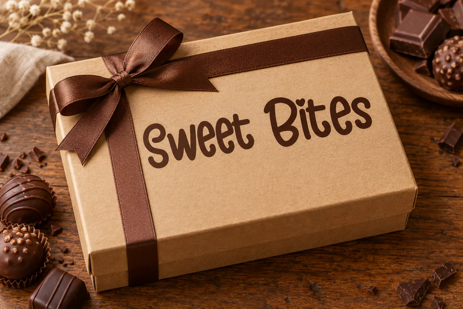 Chocolate Crispy font on a gift box reading Sweet Bites