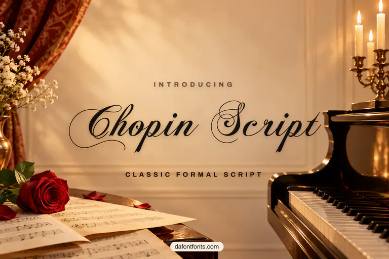 Chopin Script font poster: black formal script on a classical music background with a piano